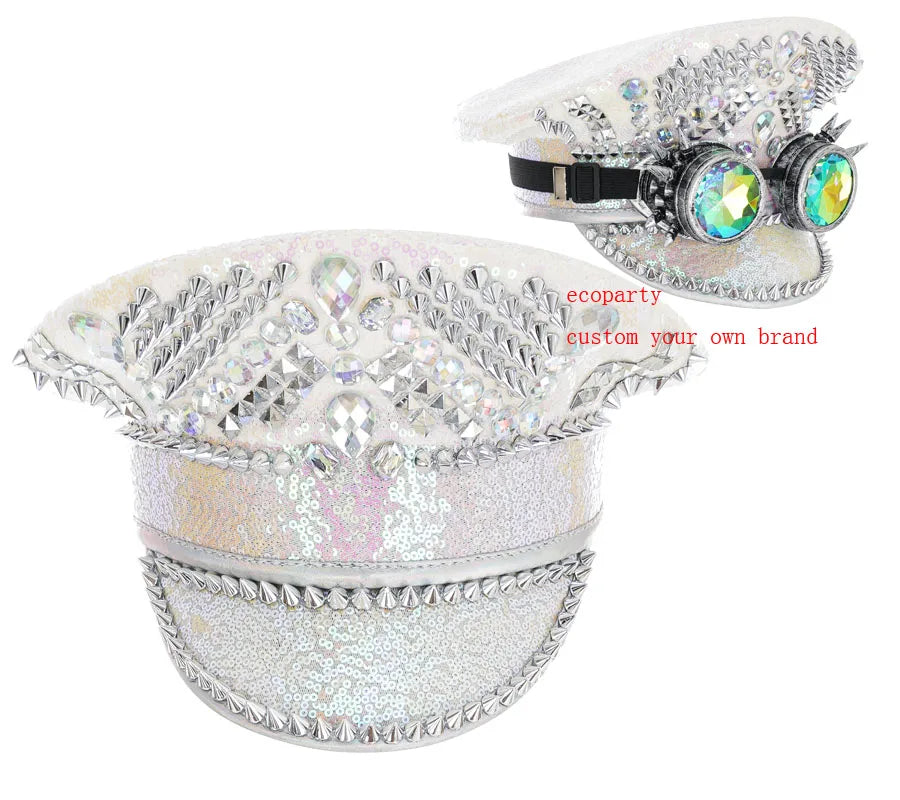 Ecoparty  Women Men Steampunk Hat WithRivet Queen Sequin Burning Captain Sergeant Rave Festival Bachelorette Part Hat