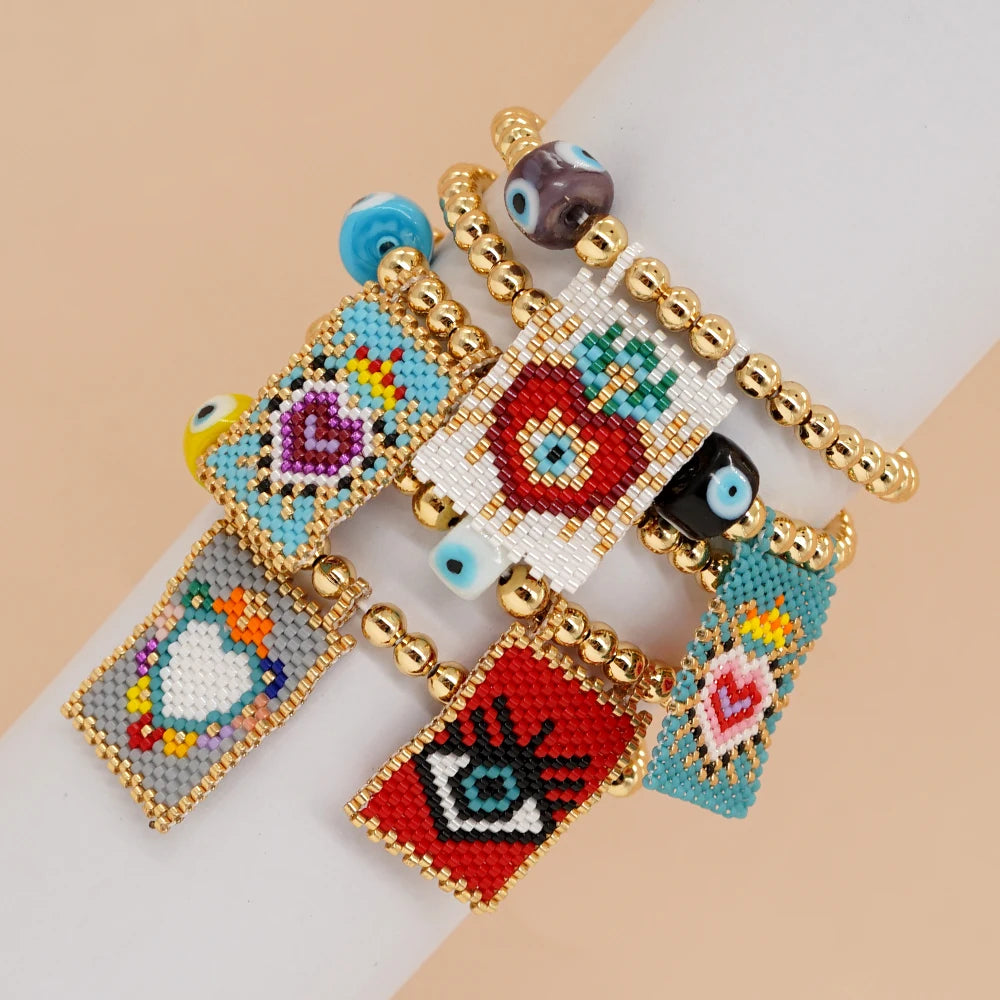Go2boho Bohemia Handmade Miyuki Beaded Pattern Feature Elastic 3MM Gold Copper Beads Bracelet Fashion Jewelry for Woman Gift