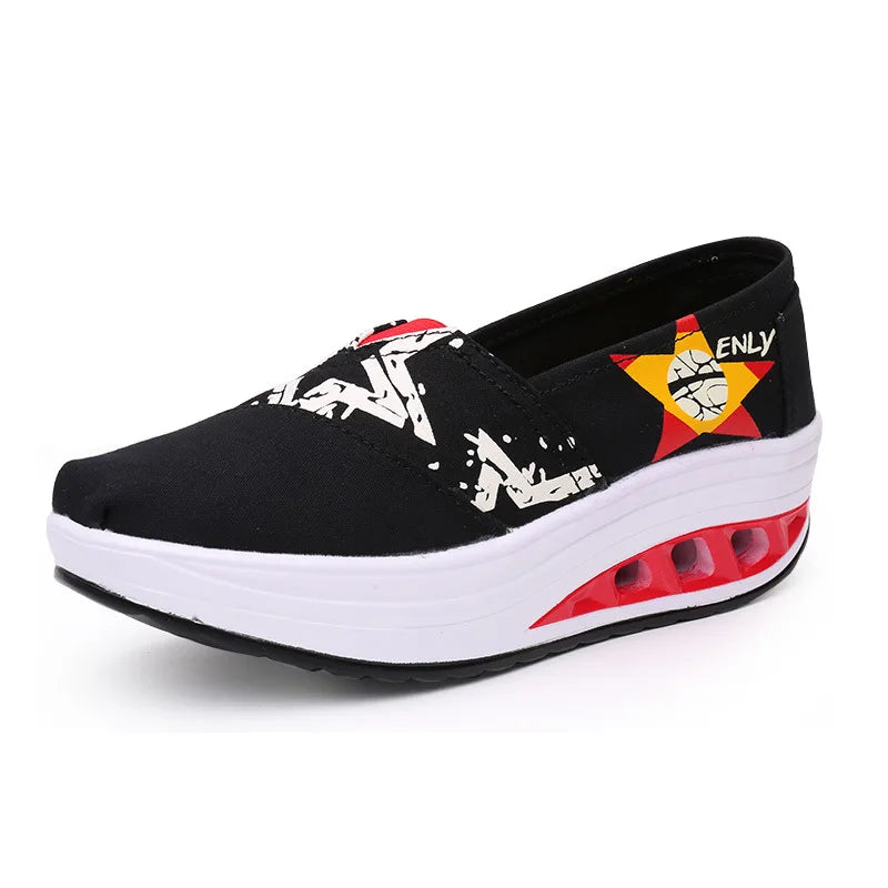 Women's Retro Simple Floral Air Cushion Shoes Stretchy Comfortable Ladies Casual Shoes Slip Resistant Women's Walking Shoes