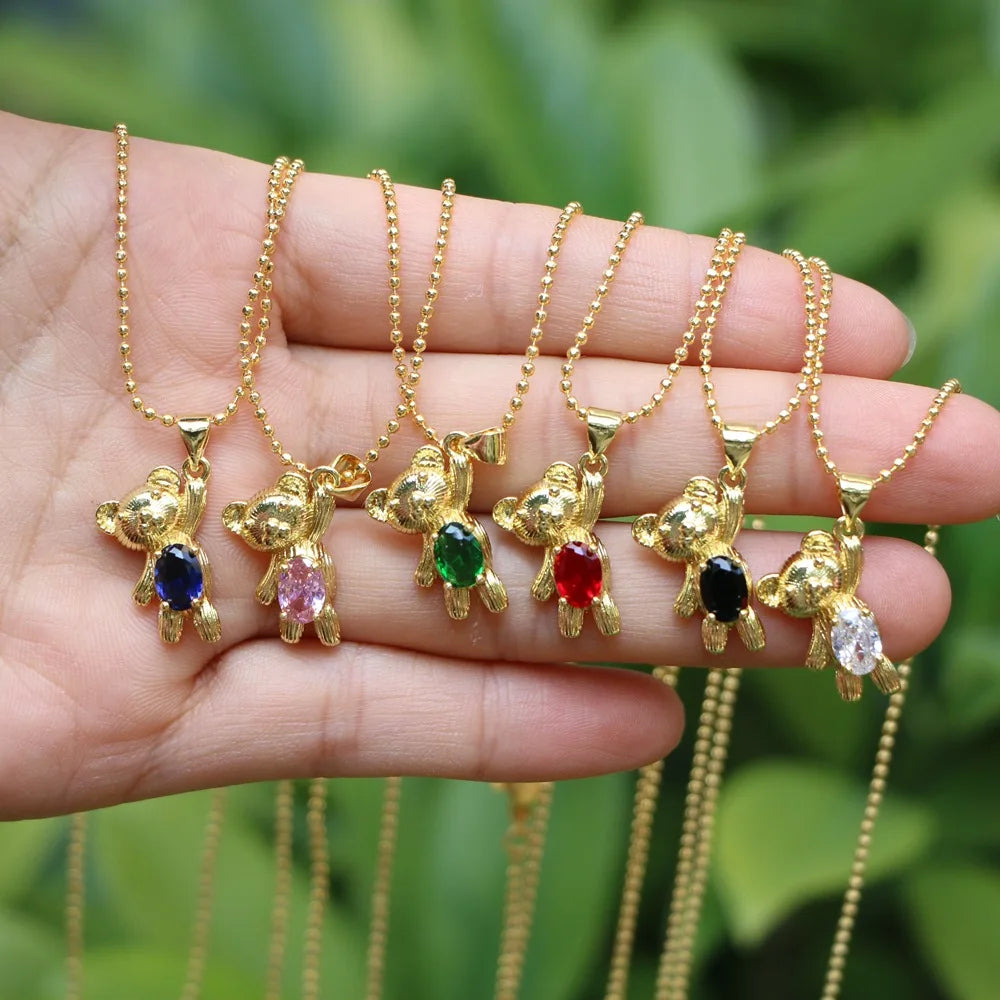 SC Fashion Gold Plated Zircon Clavicle Necklace Simple Lovely Copper Diamond Inlaid Bear Necklace for Women Teen Girls