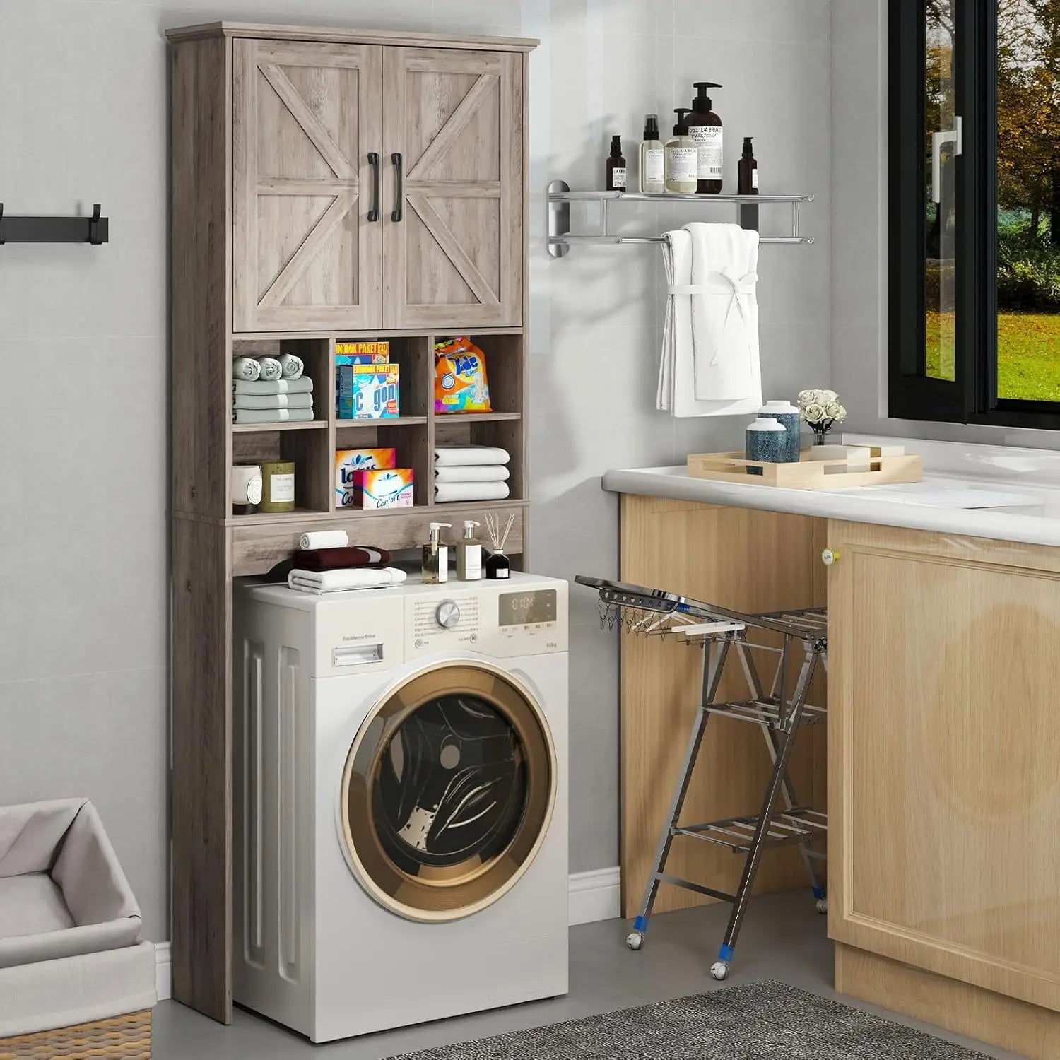 Phoenix Home Modern Eco-Friendly Grey Wood Toilet Storage Cabinet Rectangle Shape 2-Barn Door Wholesale for Bathroom Laundry