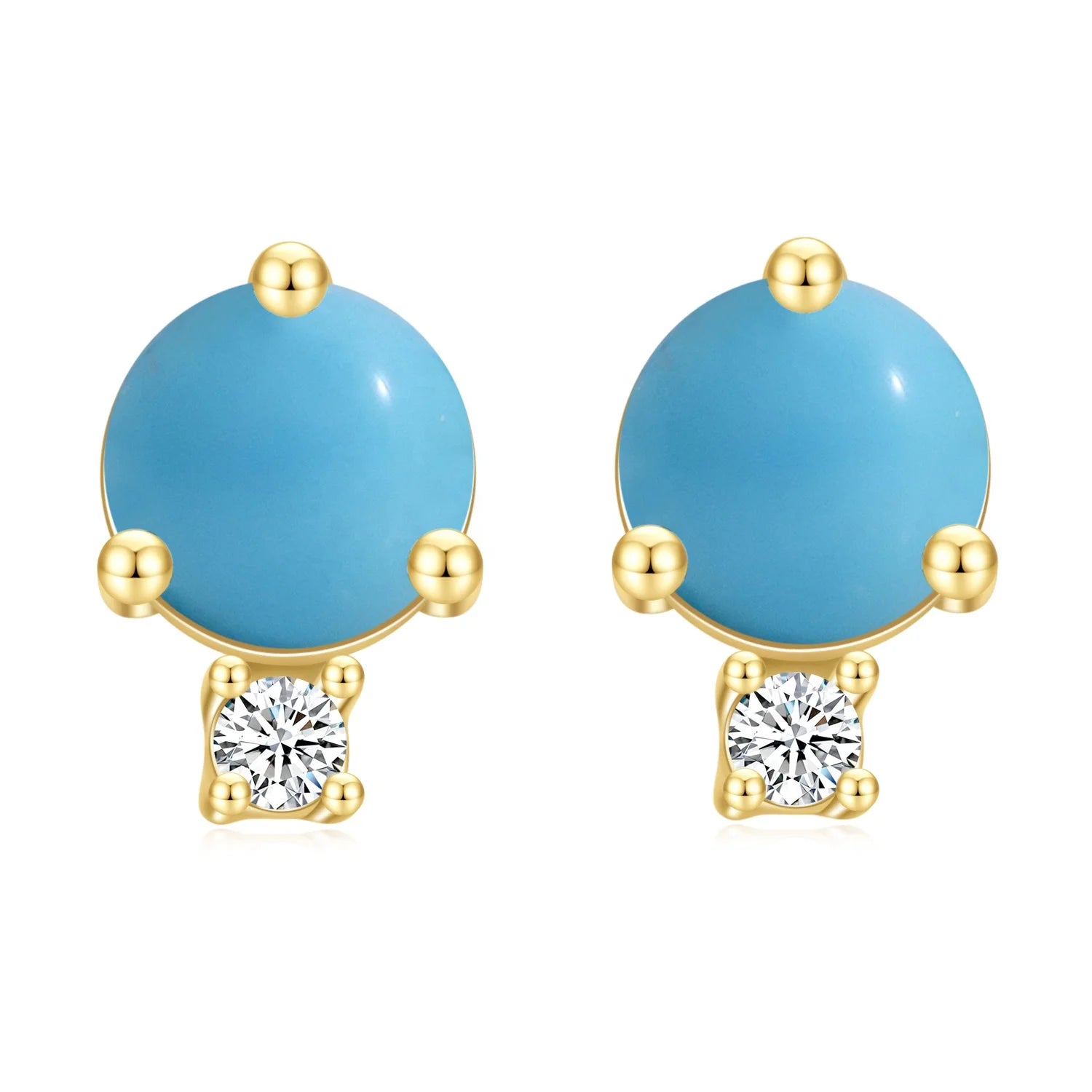 OL0961E Abiding Two Tones Fashion Round Cut 5MM Synthetic Turquoise 9K 10K 14K 18K Gold Stub Earrings with Zirconia