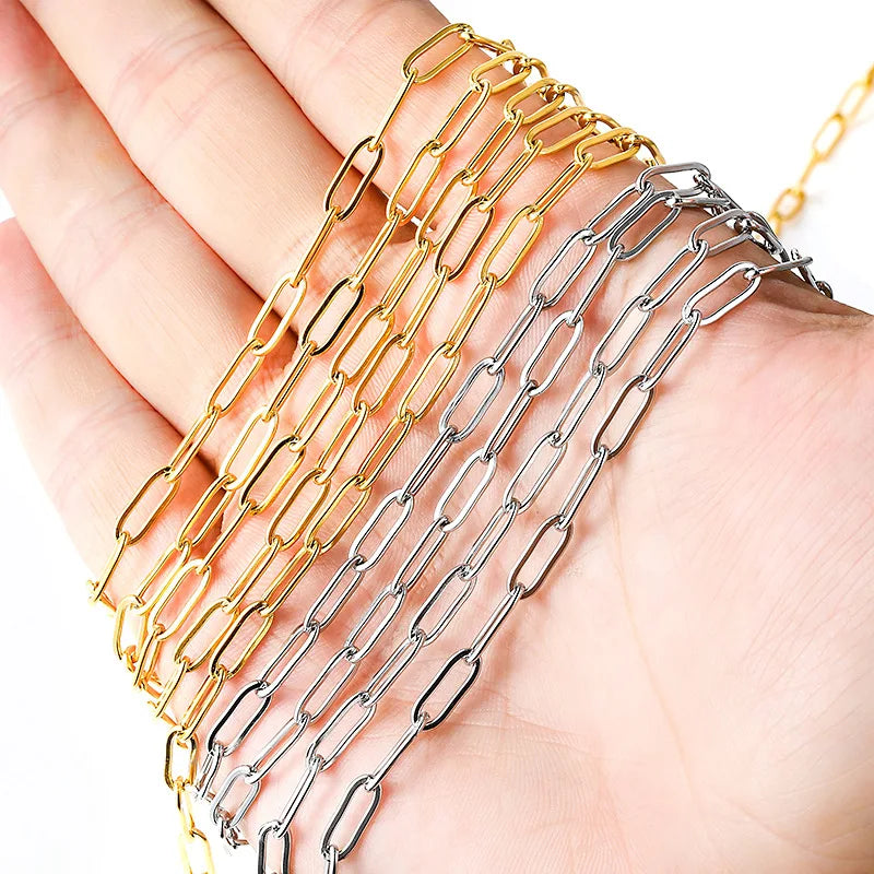 Flat Oval 18k Gold Plated Paper Clip 4x12mm Over Gold Stainless Steel New Silver Chain Design for Men