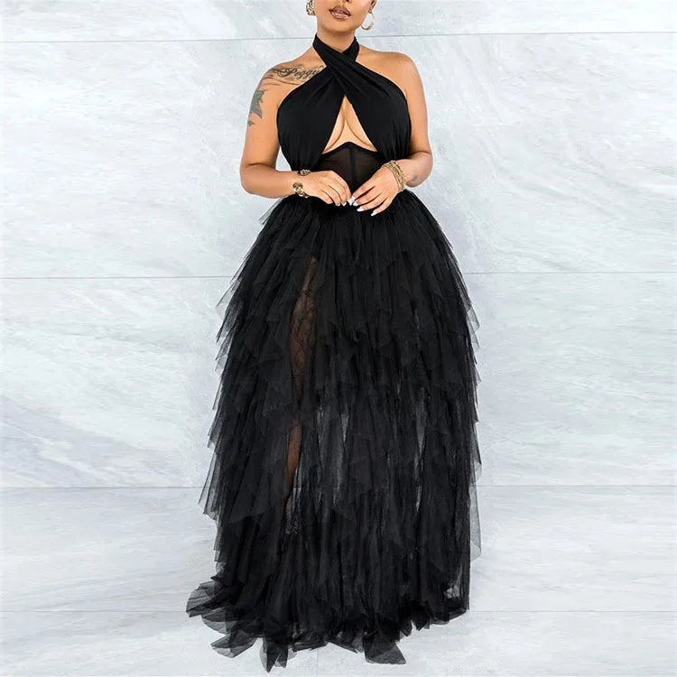 Plus Size Halter Mesh Midi Party Evening Dresses for Women