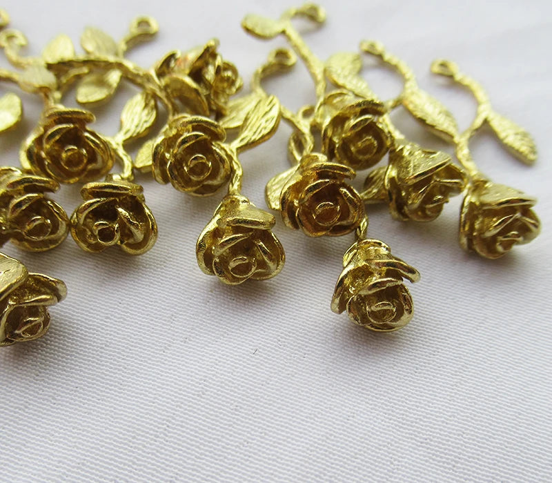 Little Rose Branch Brass Filigree Charms 14x25mm DIY Jewelry Making Finding