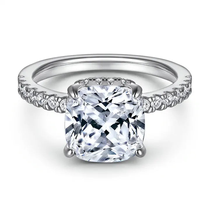 Simple Radiant Cut 9*9mm Four Prongs White Gold Colour 925 Sterling Silver Engagement Wedding Ring