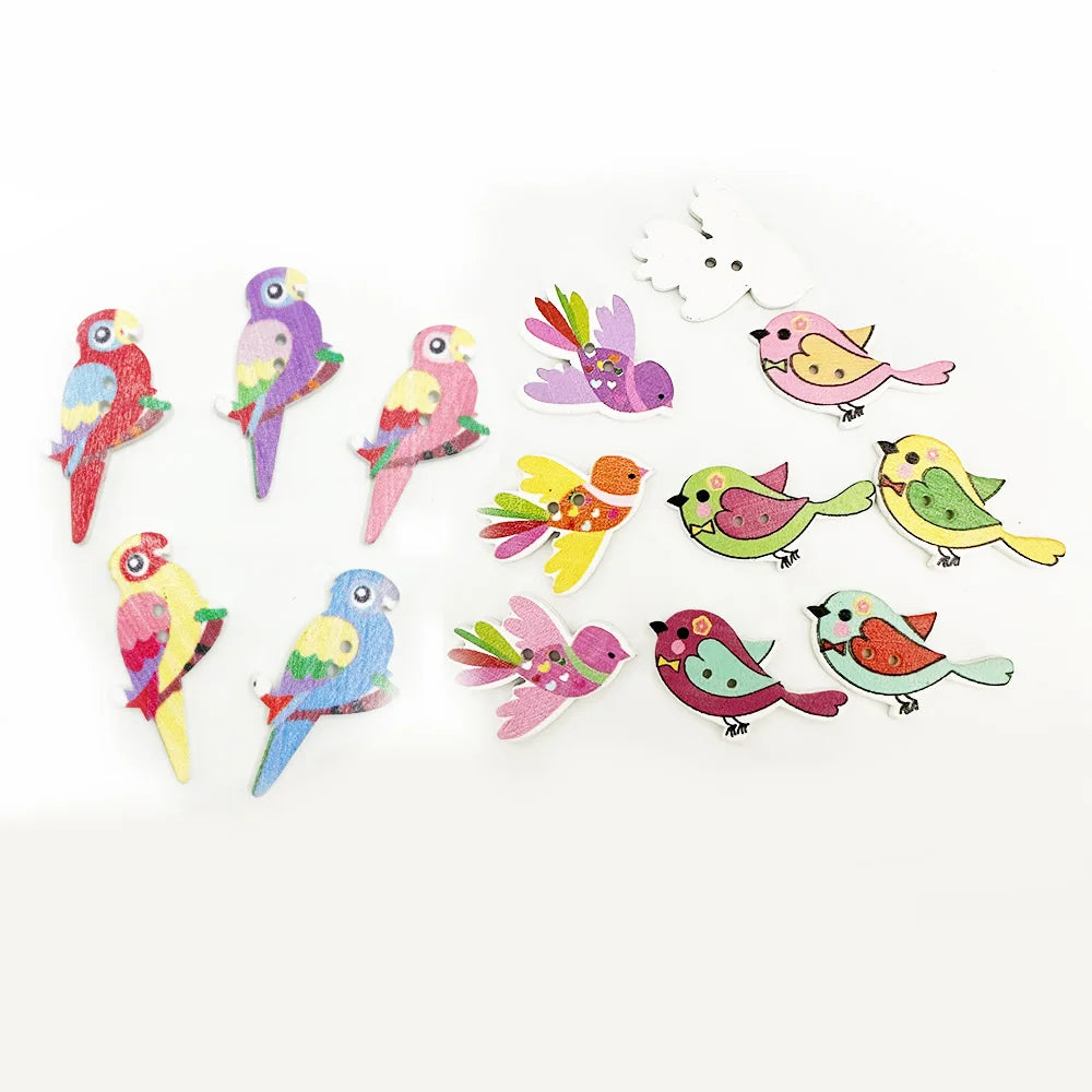 Cheap Price Two Hole Mix Color Printed Parrot Bird Design Jewelry Making Diy Wood Cartoon Buttons for Decoration