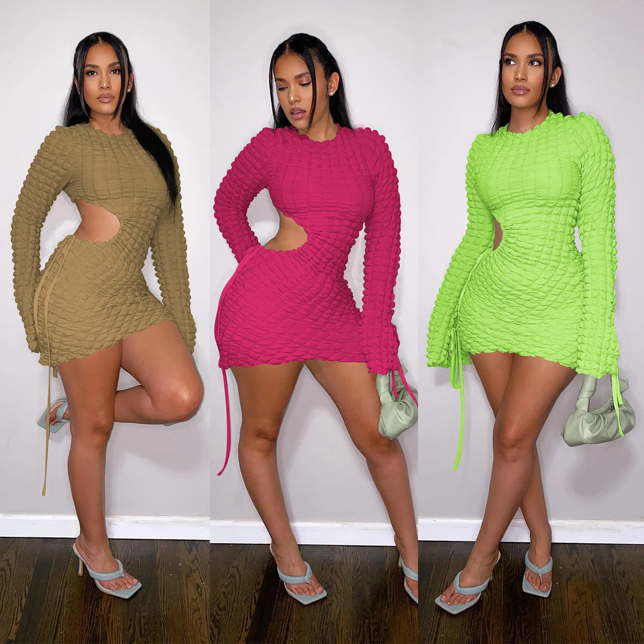 Trendy Solid Color O Neck Drawstring Long Sleeve Sexy Mini Bodycon Popcorn Dress