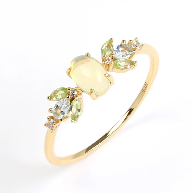 Vintage Natural Opal Rings for Women Topaz Peridot Gemstone Ring Forest Elf Ring 925 Sterling Silver Gold Plated Jewelry LAMOON