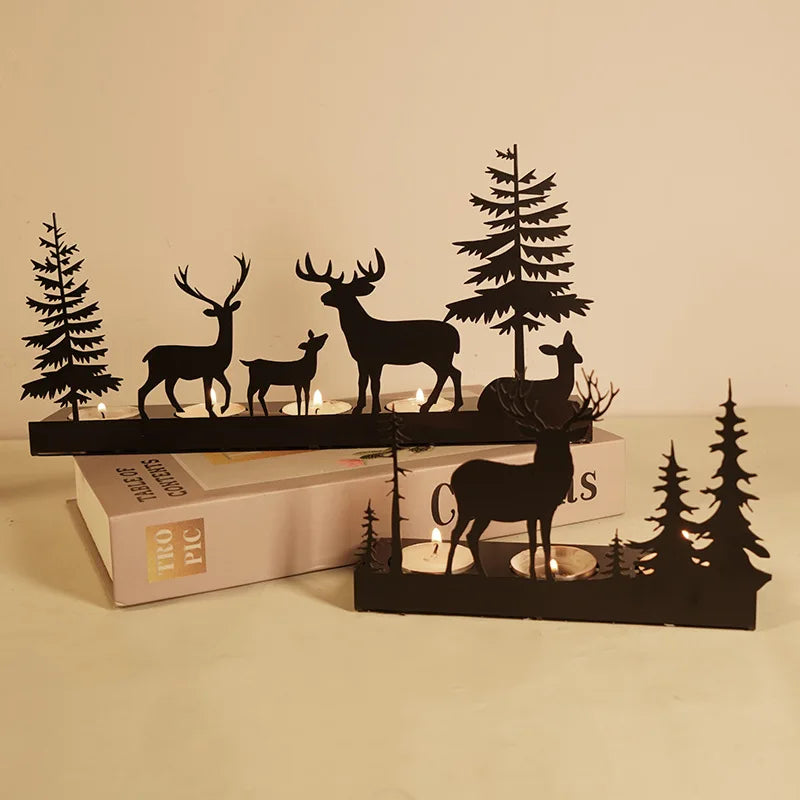 Z13 Christmas Tabletop Decor Deer Forest Creative Candle Holder Elegant Metal Iron Christmas Deer and Tree Candlestick