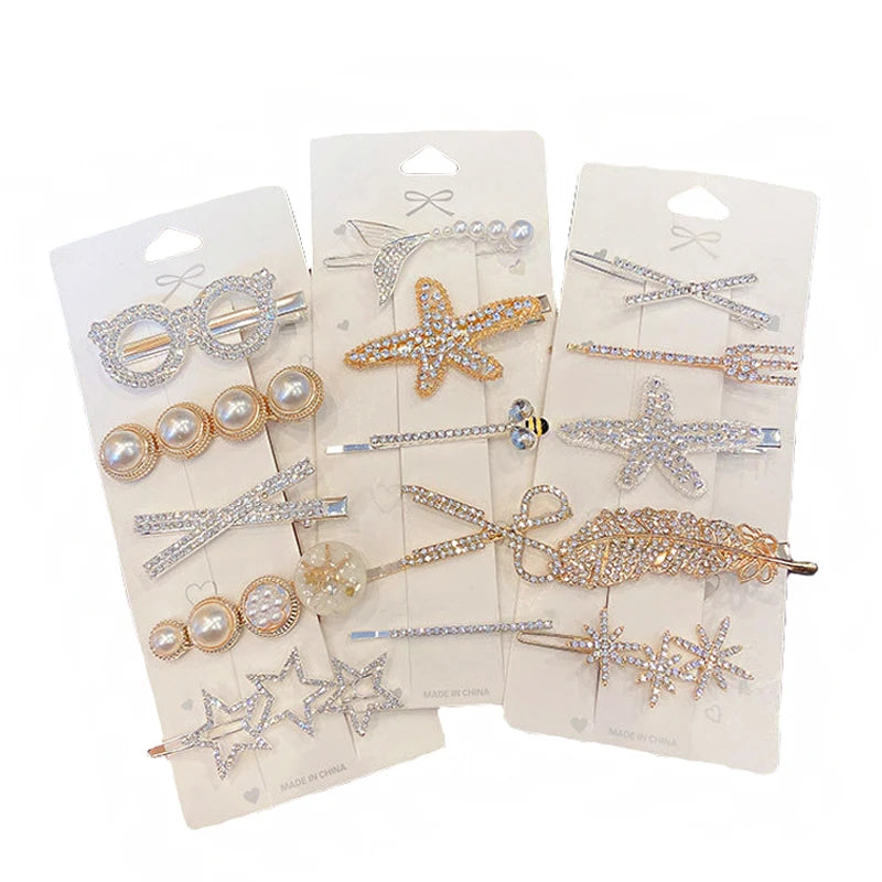 Handmade Sweet Style Crystal Rhinestone and Pearls Hair Grips Barrettes and Hair Clips for Women and Girls Side Clip Hairpin