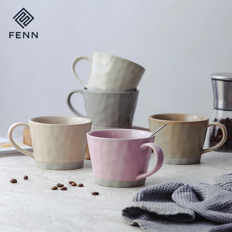 Wholesale 350ml Ceramic Tea Cups Pink Grey Khaki Color  Sesame Glaze Stoneware Vintage Mug Porcelain Matte Coffee Mug & Cup