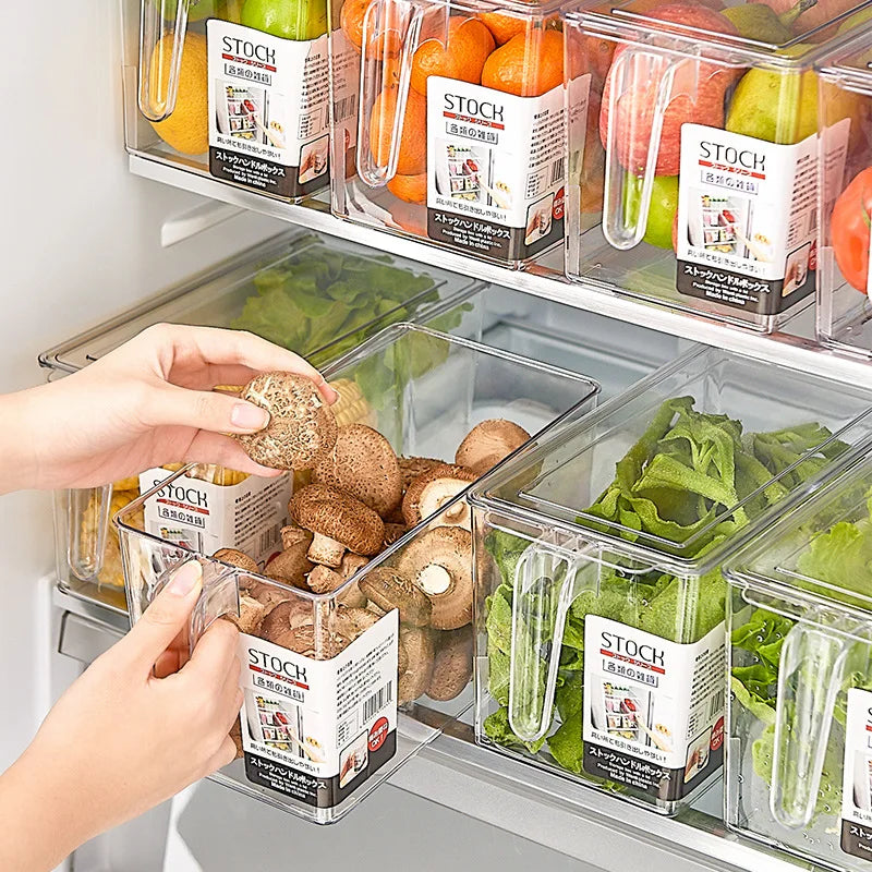 PET Material Food Storage Organizer Box with Stackable Design and Handle for Kitchen Refrigerator and Cabinet Use