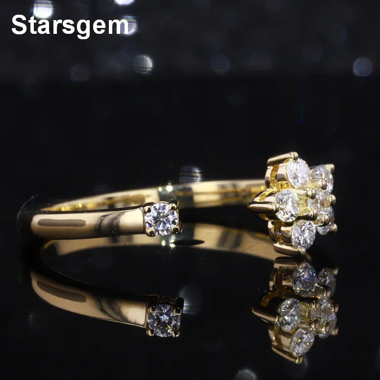 Hot Sales 9K Solid Gold Rings Adjustable Women Flower Shape Synthetic Lab Grown Diamond Open Ring