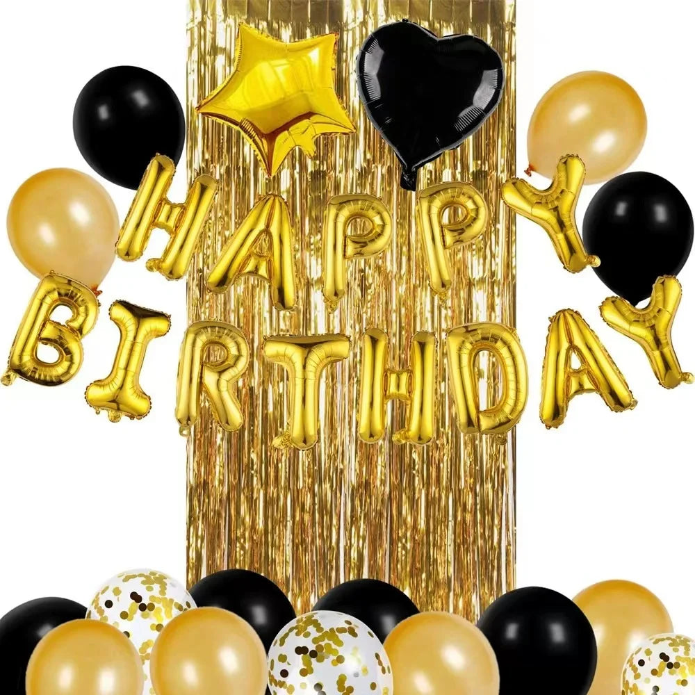 Happy Birthday Party Decoration Foil Letter Banner Bunting Balloon Fringe Curtain Latex Confetti Helium Balloons Heart Star
