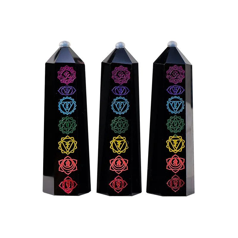 Wholesale 7 Chakra Crystal Wands Polished Natural Obsidian Hexagonal Prism Point Lucky for Healing Energy Meditation Home Decor