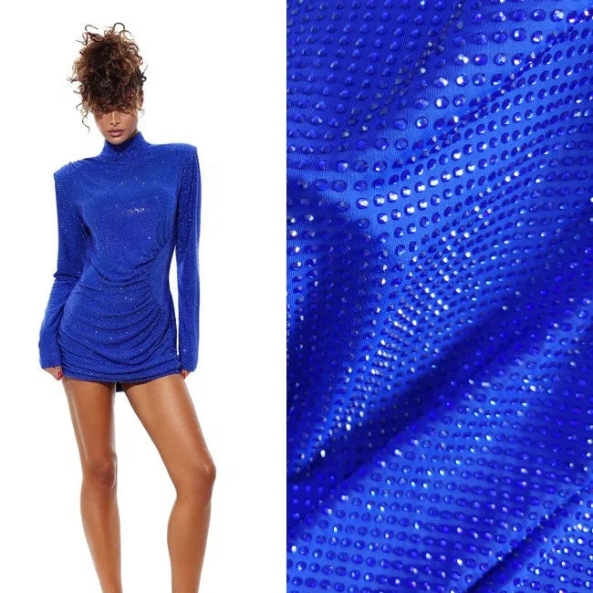 New Luxury Blue Rhinestones on Blue Spandex 4-way Stretch Fabric 60 Wide Rhinestones Fabric for Prom Dress