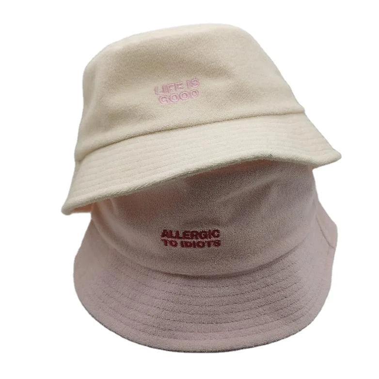 Unisex Terry Towelling Bucket Hat Customized Logo Pink Beige Color Casual Travel Style Letter Fisherman Hat Design for Women