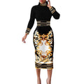 RNSHANGER Geometric Print Long Sleeve Work Dress Women Spring High Waist O Neck Fashion Casual Dress Vintage Female Dress