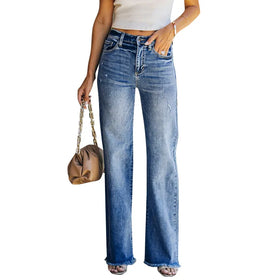 European and American Ripped Washed Wide Leg Jeans Women's 2024 Spring and Autumn New Fashion Elegant Micro-pants Women's Jeans