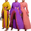 D547 Latest Design Autumn Party Dresses Women Lace up Long Sleeve Color Blocking Elegant Pleated Maxi Dress for Ladies