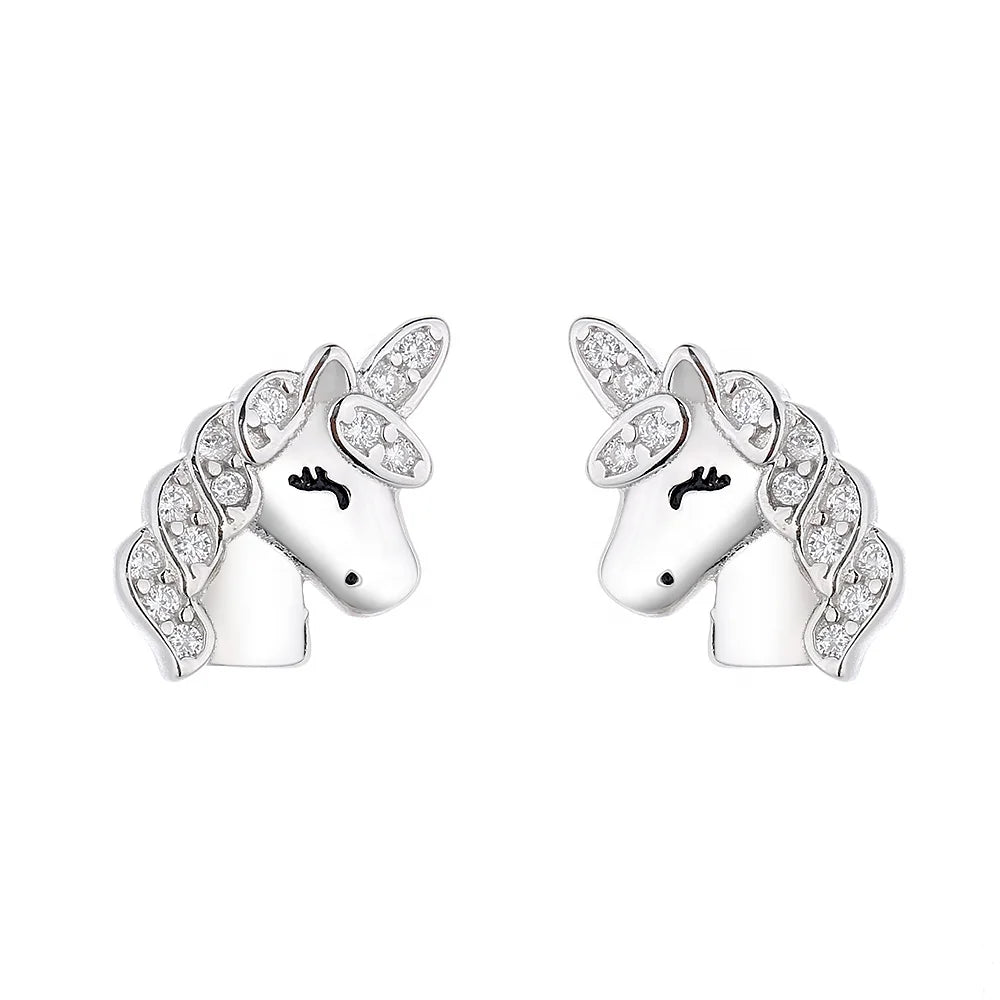 Christmas Present Fine Jewelry Animal Horse Shape Stud Earring for Children 925 Sterling Silver Girls CZ Unicorn Stud Earrings