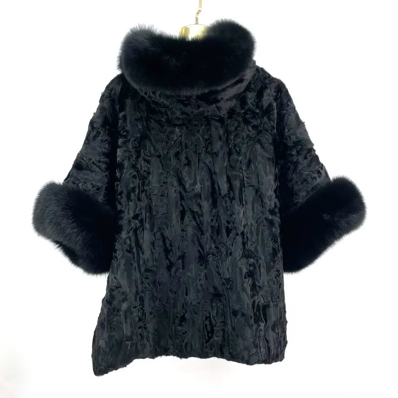 Winter Women Real Karakul Sheep Skin Fur Poncho Reversible Plus Size Hooded Batwing Sleeve Loose Striped 95% Filled Casual Can