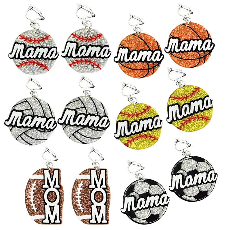 New Fashion Mother's Day Mom Earrings Shiny Acrylic Baseball Season Mom Cheer Ear Clips No Ear Holes Softball Earrings for Women