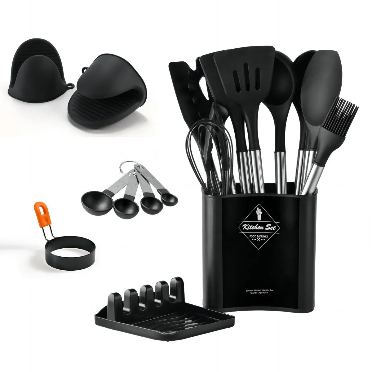 Custom 20-Piece Silicone Kitchenware Set PC Material with Hand Clip Egg Frying Pan Measuring Spoon Bucket Storage for Cooking