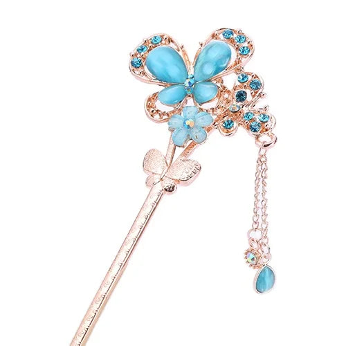 Vintage Style Pearl Butterfly Hair Stick Chinese Style Hair Fork with Bobby Pin Flower Rhinestone Hairpin Accessories for Women