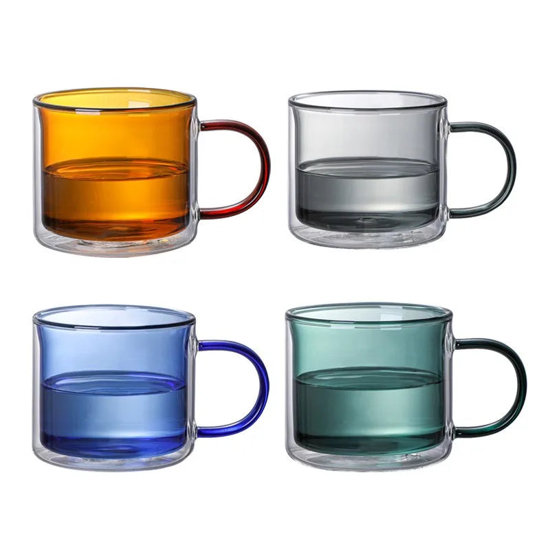 250Ml Colored Borosilicate Coffee Cups Double Wall Glass Mug Tumbler With Handle