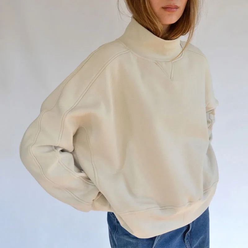 Custom Women Essential Turtleneck Oversized Sweatshirt High Collar Pullover Tops Fleece Cotton Heavy Plain Mock Neck Sweatshirt