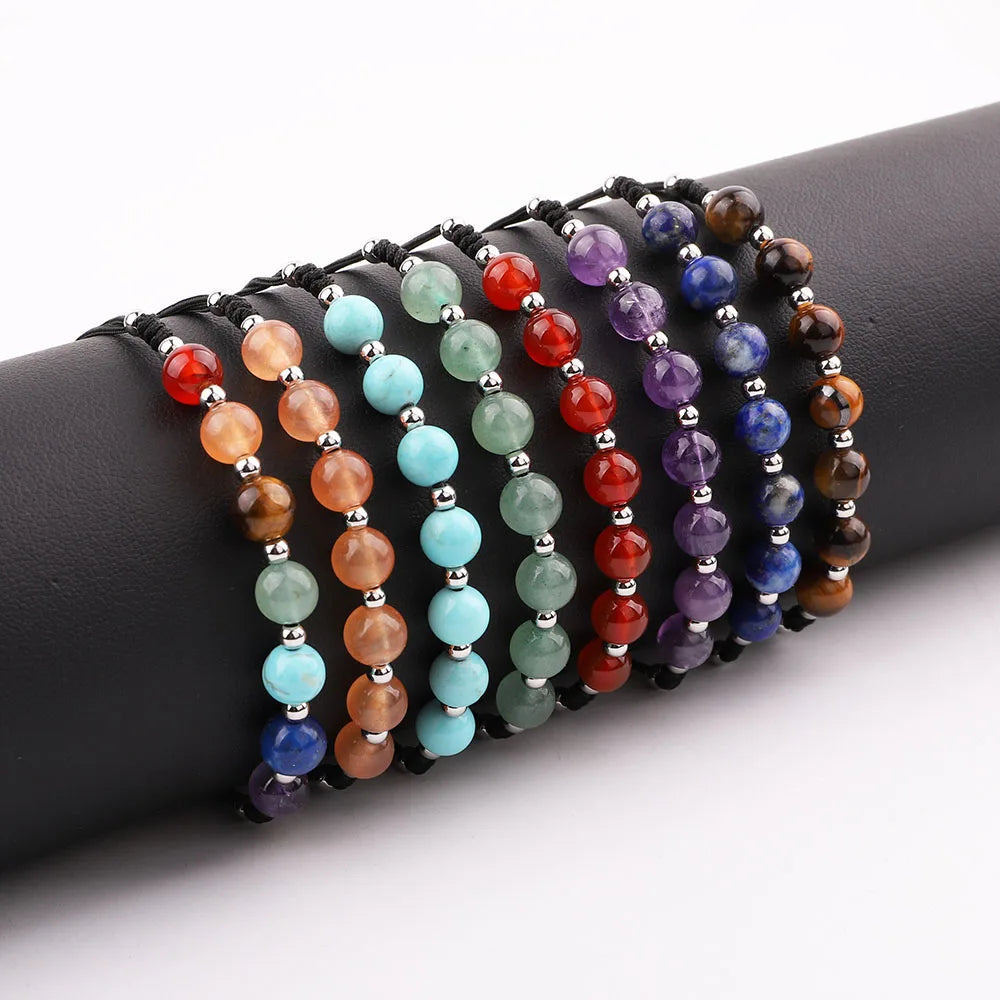 New Design 7 Chakra Energy Natural Stone Stainless Steel Beads Adjustable Yoga Gemstone Bracelet for Women