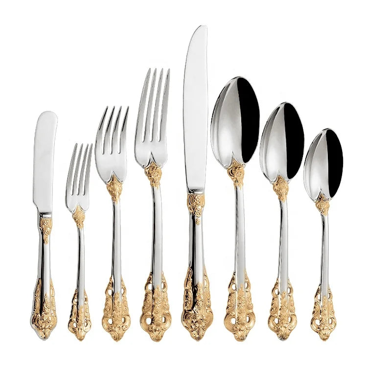 Luxury 18/10 Stainless Steel Flatware Set Silver Plated With Gold Accents Baroque Pattern Wedding Cutlery Set Gold Plated