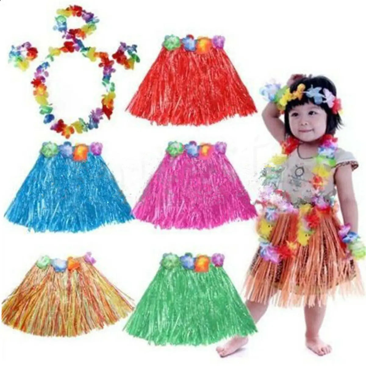 Cute Kids Hawaiian Waist Grass Hula Lei Skirt Flower Wristband Garland Bracelet Fancy Costume Summer Party