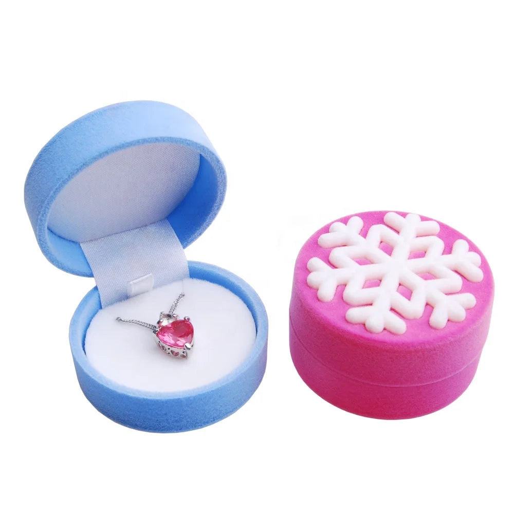 Pink Princess Round Snowflake Velvet Jewelry Gift Box for Necklaces or Rings Pendant Storage