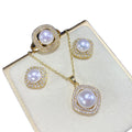 New 18k Gold Plated Tarnish Free Vintage Square Zircon Geometric Natural Freshwater Pearl Necklace Earrings Ring Jewelry Set