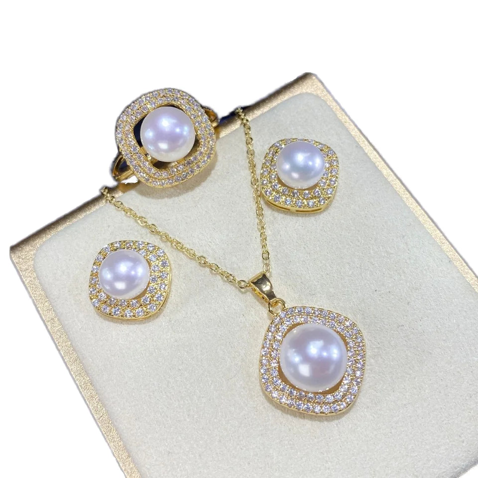New 18k Gold Plated Tarnish Free Vintage Square Zircon Geometric Natural Freshwater Pearl Necklace Earrings Ring Jewelry Set