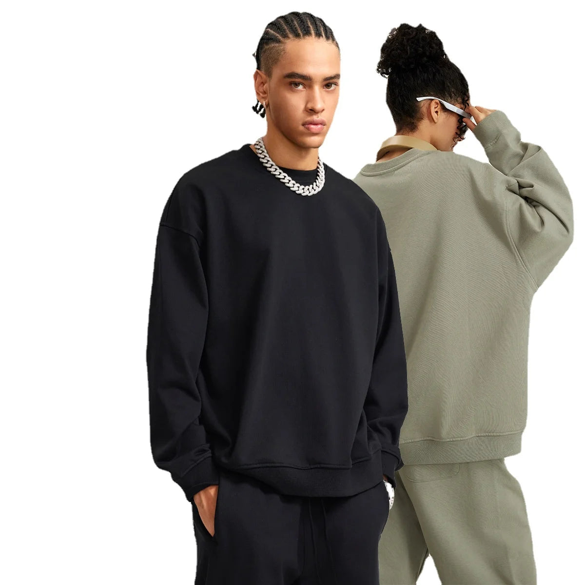 Mens Fashion Spring New Arrival Heavy 440g Round Neck Loose Solid Color US Fashion Trend Sweatshirts