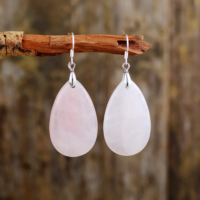 Dainty Water Drop Pendant Earrings Natural Raw Gemstone Rose Quartz Meditation Balance Healing Dangle Earrings Drop Shipping