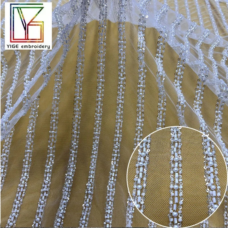 Hot Sales Luxury White French Heavy Beaded Fabric Bridal Sequin Lace Women Wedding African Embroidery Dress Lace Fabric