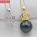 9-13 MM NATURE Tahitian Black Pearl Sea-salt PEARL PENDANT NECKLACE 925 SILVER CHAIN in Crown Shape Pendant