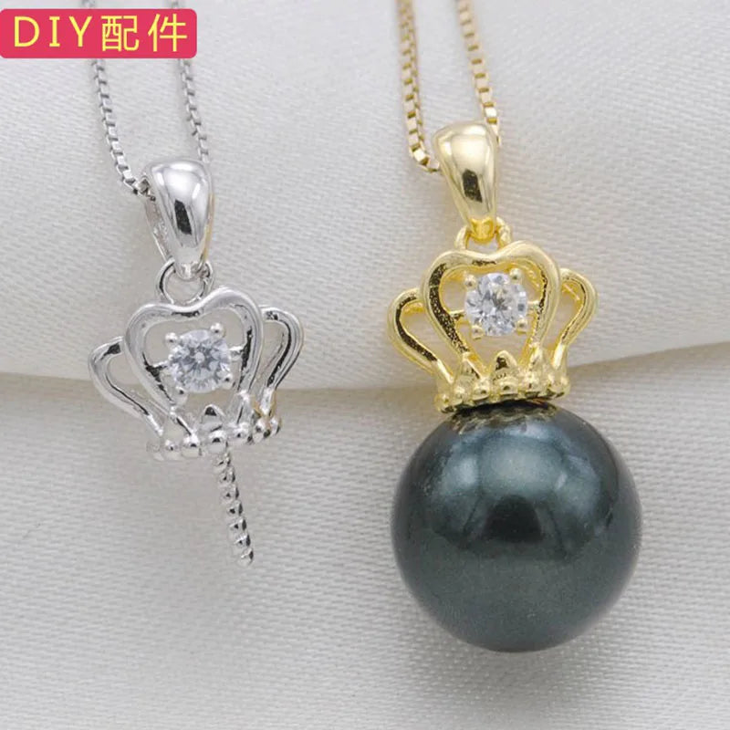 9-13 MM NATURE Tahitian Black Pearl Sea-salt PEARL PENDANT NECKLACE 925 SILVER CHAIN in Crown Shape Pendant