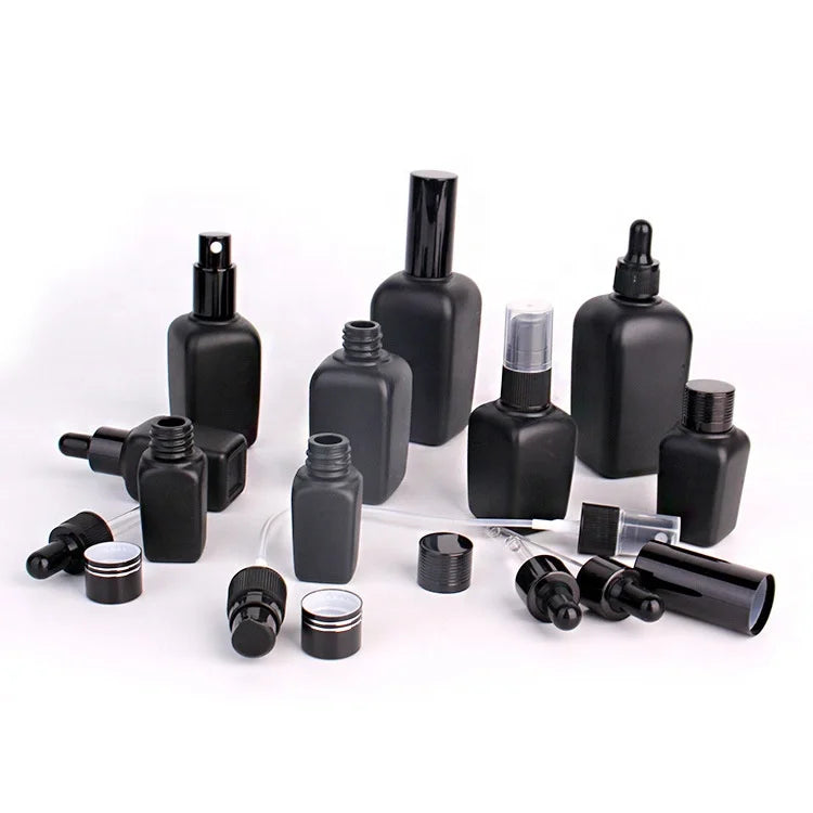Matte Black 30ml 50ml 100ml Flat Square Rectangle Luxury Glass Dropper Sprayer Perfume Bottles for Serum Essentioal Oil