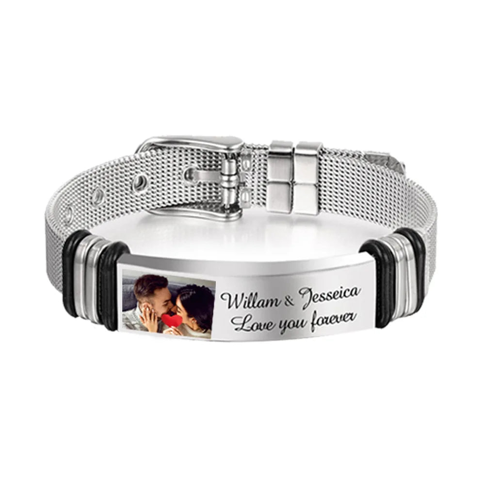 New Design Custom Picture Watch Band Engraved Strap Stainless Steel Link Chain Bracelet for Men