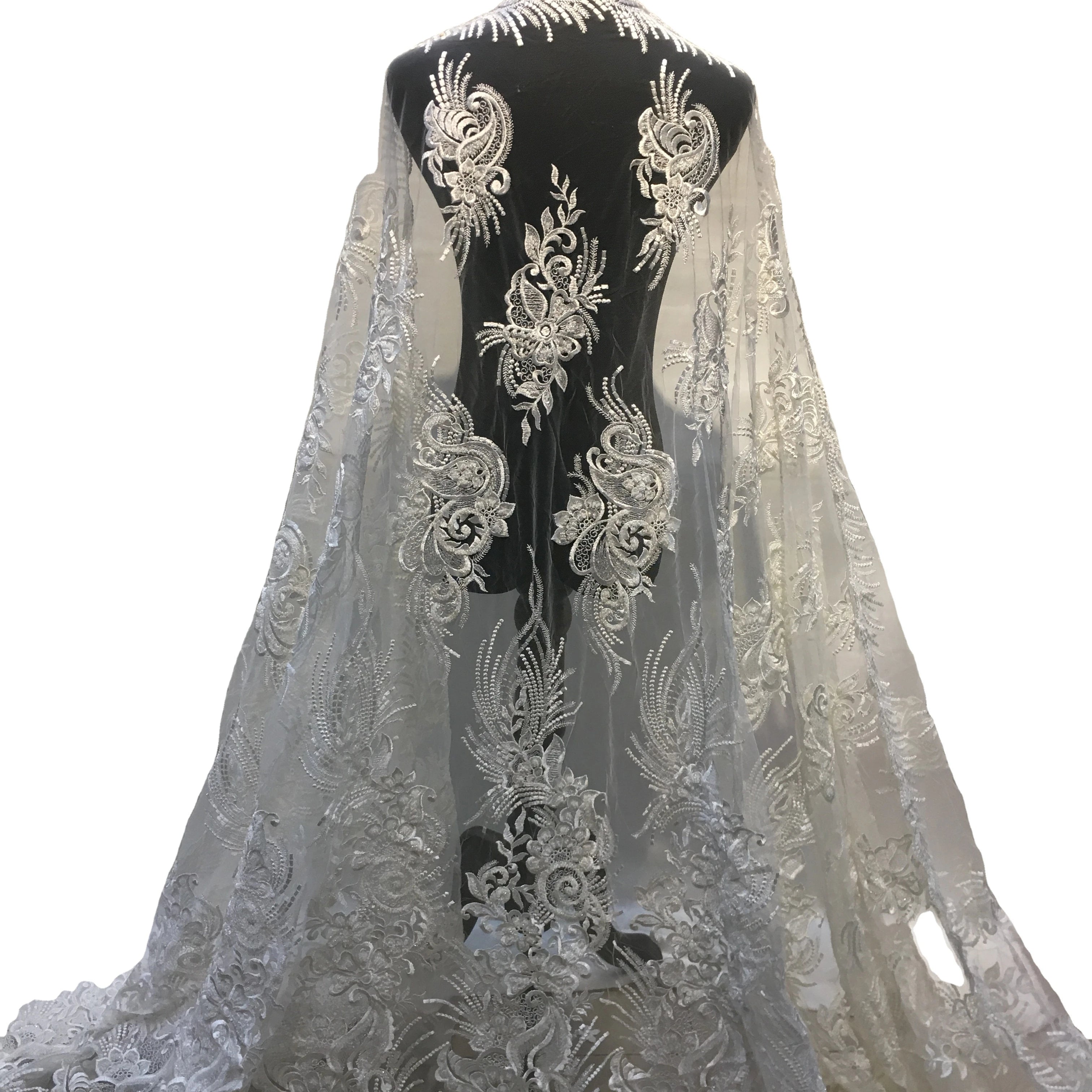 Elegant French White Wedding Bridal Dress Net Lace Fabric Handmade Sequined Beaded Lace Fabrics for Party