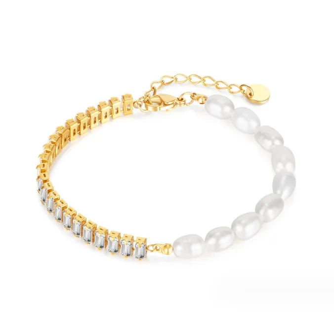 Women Jewelry Niche Light Luxury Freshwater Pearl Splicing Chain with Zircon Gold Silver Stainless Steel Bracelet