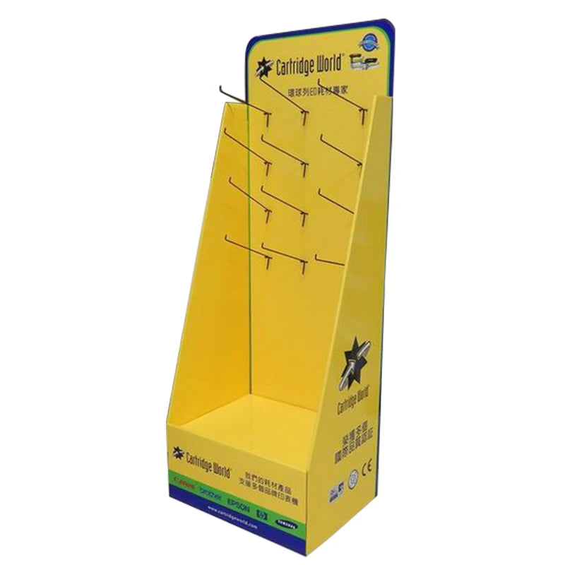 Custom Foldable Corrugated Cardboard Cell Phone Case Display Rack Floor Stand with Data Line Cable Hooks