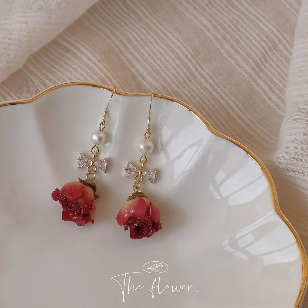 Pendientes Coreanos S925 Silver Needle Vintage Flower Pearl Earrings Real Flower Dried Rose Gold Cubic Diamond Dainty Earrings