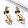 Statement Gold Plated Emerald Crystal Earrings Stone Rhinestone Bee Leaf Dangle Earrings Jewelry for Party